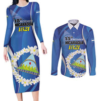 Personalized Nicaragua Independence Day 1821 Couples Matching Long Sleeve Bodycon Dress and Long Sleeve Button Shirt Plumeria Floral - Wonder Print Shop