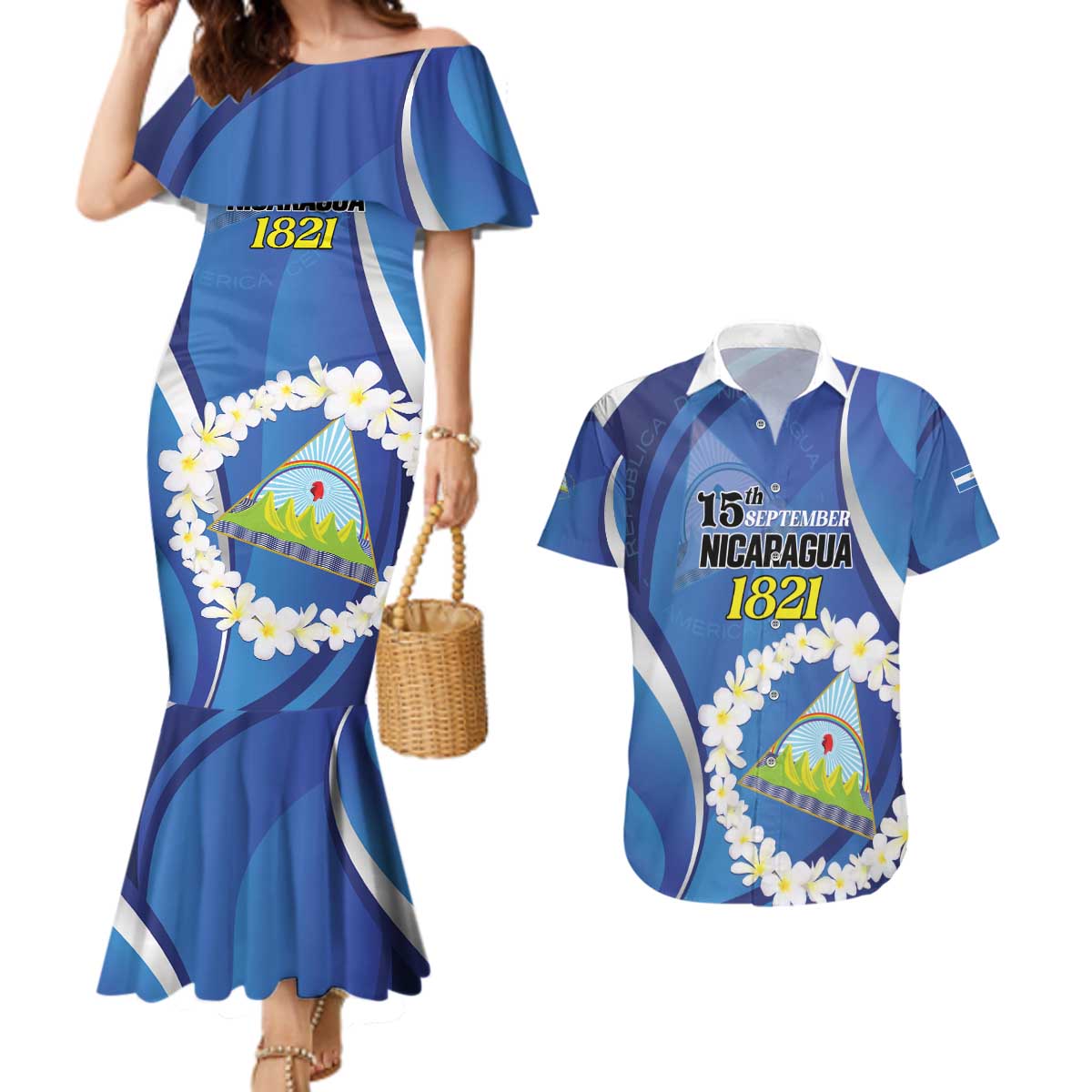 Personalized Nicaragua Independence Day 1821 Couples Matching Mermaid Dress and Hawaiian Shirt Plumeria Floral - Wonder Print Shop