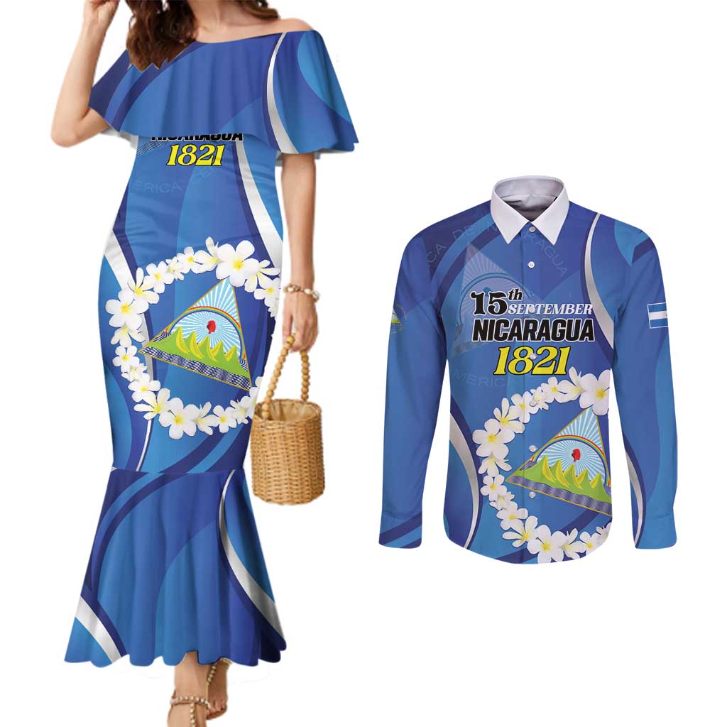 Personalized Nicaragua Independence Day 1821 Couples Matching Mermaid Dress and Long Sleeve Button Shirt Plumeria Floral - Wonder Print Shop
