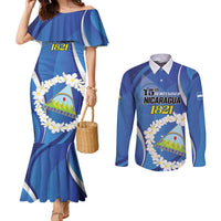 Personalized Nicaragua Independence Day 1821 Couples Matching Mermaid Dress and Long Sleeve Button Shirt Plumeria Floral - Wonder Print Shop