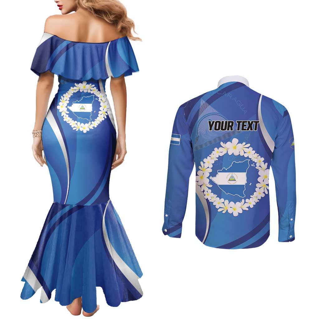 Personalized Nicaragua Independence Day 1821 Couples Matching Mermaid Dress and Long Sleeve Button Shirt Plumeria Floral - Wonder Print Shop