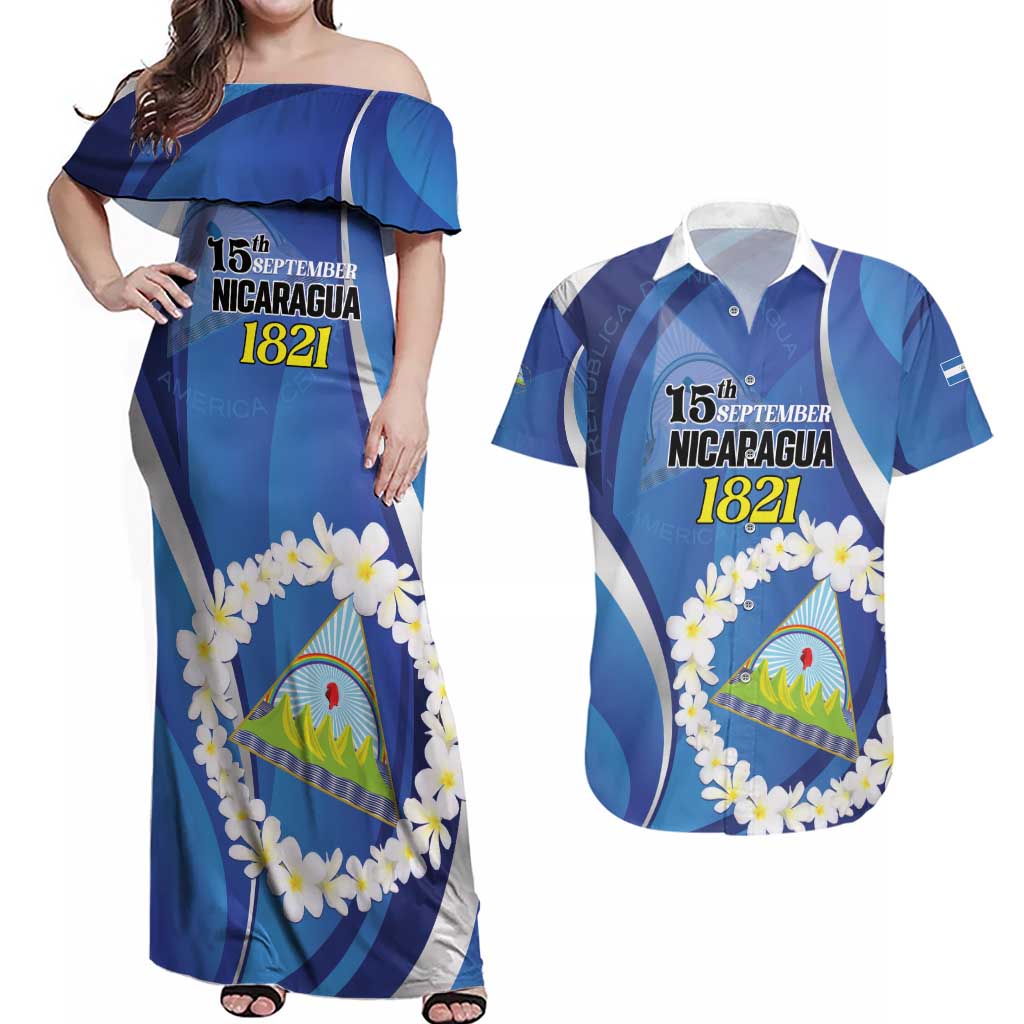 Personalized Nicaragua Independence Day 1821 Couples Matching Off Shoulder Maxi Dress and Hawaiian Shirt Plumeria Floral - Wonder Print Shop