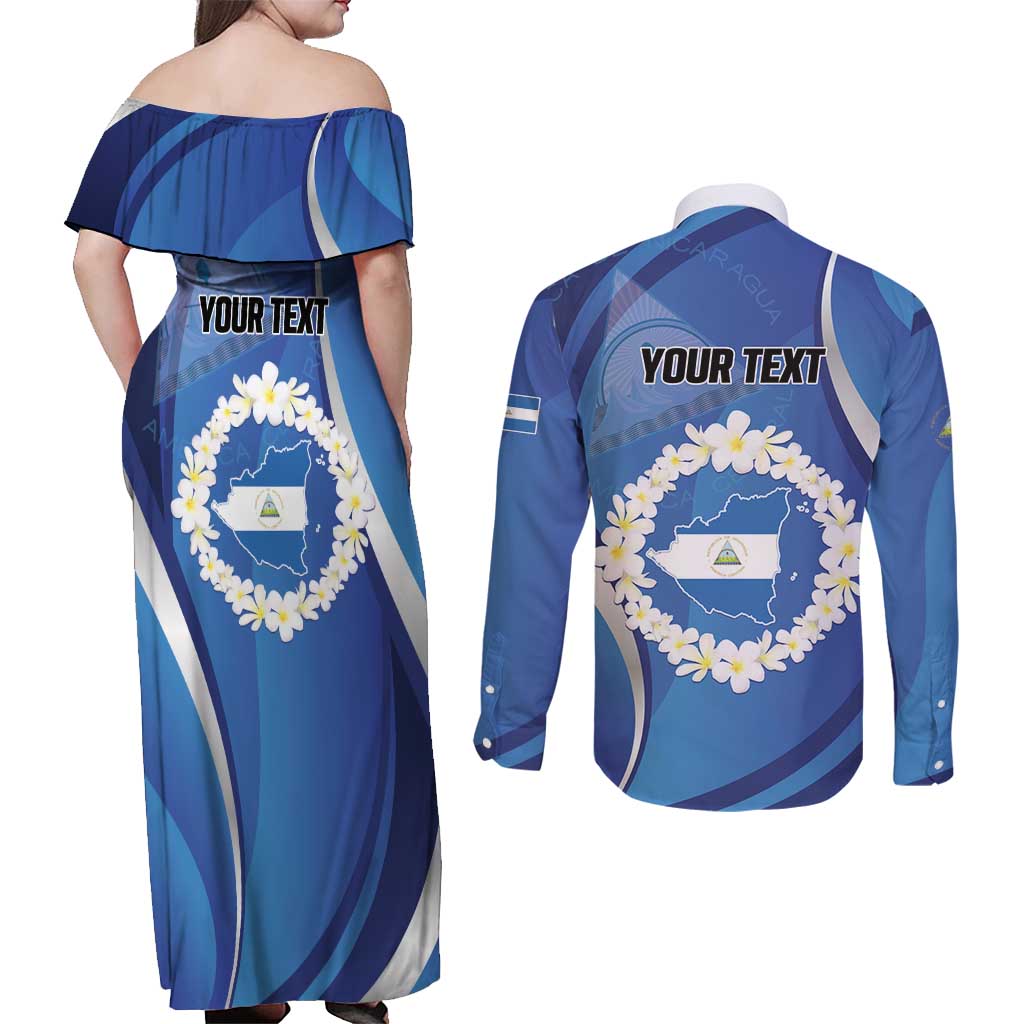 Personalized Nicaragua Independence Day 1821 Couples Matching Off Shoulder Maxi Dress and Long Sleeve Button Shirt Plumeria Floral - Wonder Print Shop