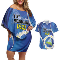Personalized Nicaragua Independence Day 1821 Couples Matching Off Shoulder Short Dress and Hawaiian Shirt Plumeria Floral - Wonder Print Shop