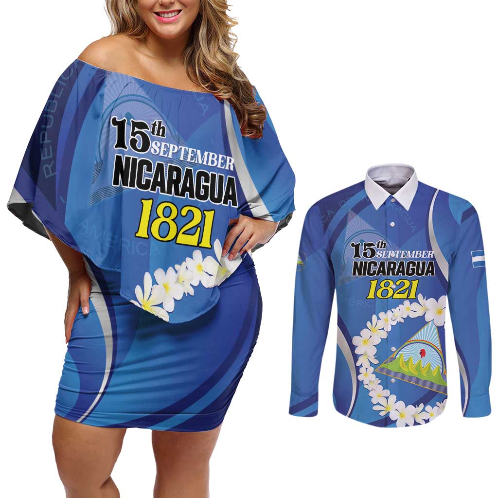 Personalized Nicaragua Independence Day 1821 Couples Matching Off Shoulder Short Dress and Long Sleeve Button Shirt Plumeria Floral - Wonder Print Shop