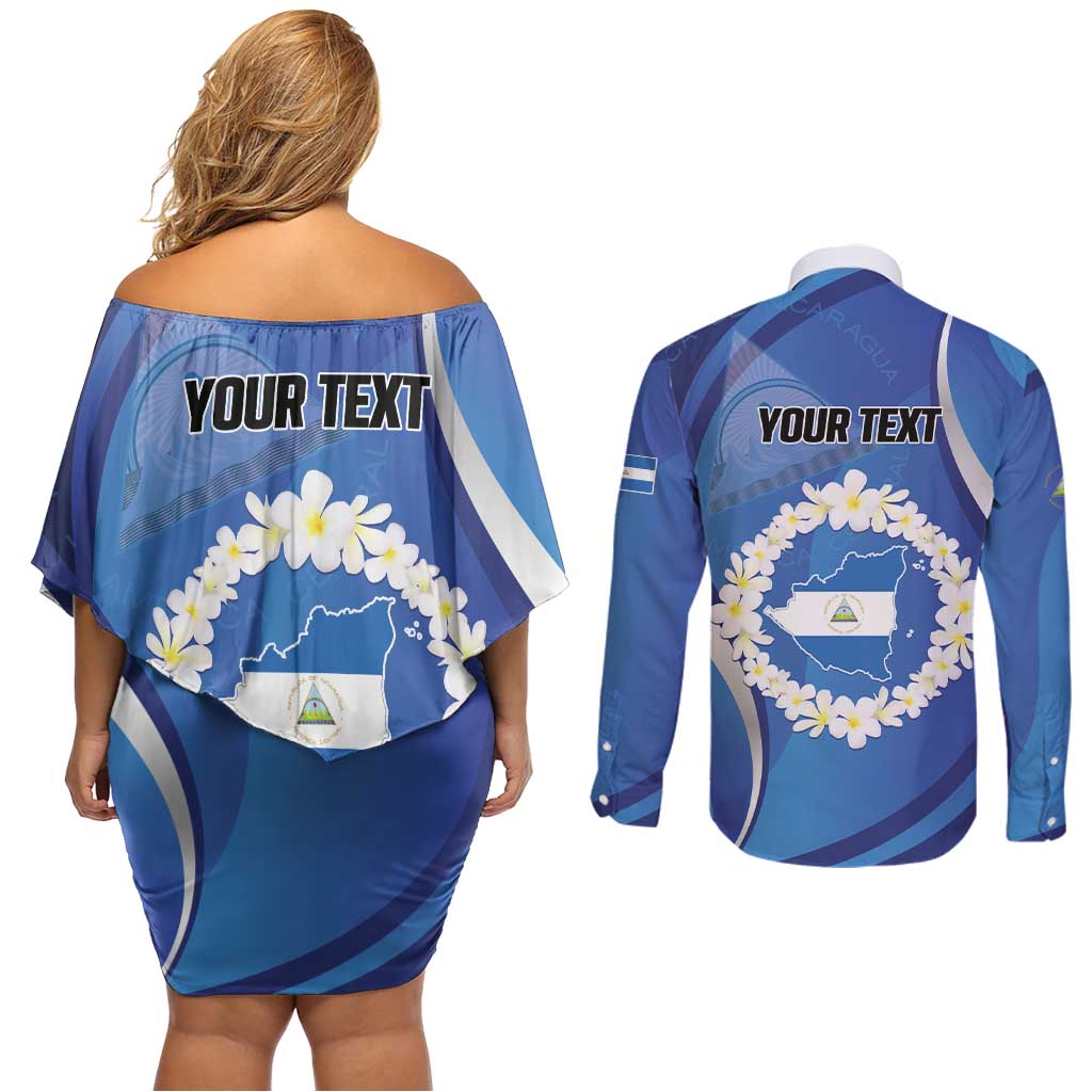 Personalized Nicaragua Independence Day 1821 Couples Matching Off Shoulder Short Dress and Long Sleeve Button Shirt Plumeria Floral - Wonder Print Shop