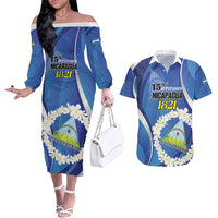 Personalized Nicaragua Independence Day 1821 Couples Matching Off The Shoulder Long Sleeve Dress and Hawaiian Shirt Plumeria Floral - Wonder Print Shop