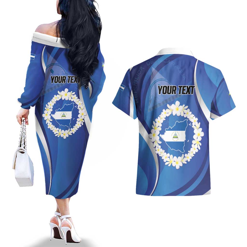 Personalized Nicaragua Independence Day 1821 Couples Matching Off The Shoulder Long Sleeve Dress and Hawaiian Shirt Plumeria Floral - Wonder Print Shop