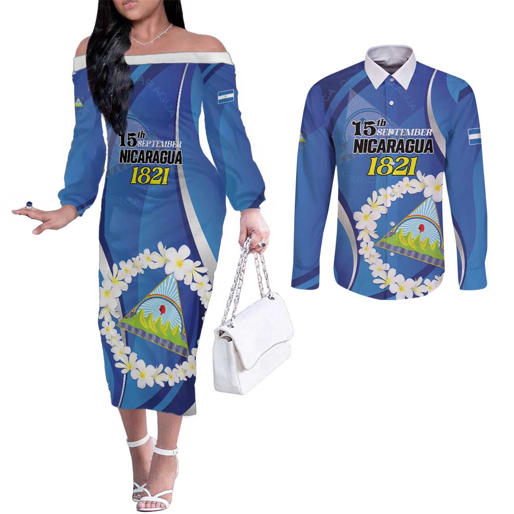 Personalized Nicaragua Independence Day 1821 Couples Matching Off The Shoulder Long Sleeve Dress and Long Sleeve Button Shirt Plumeria Floral - Wonder Print Shop