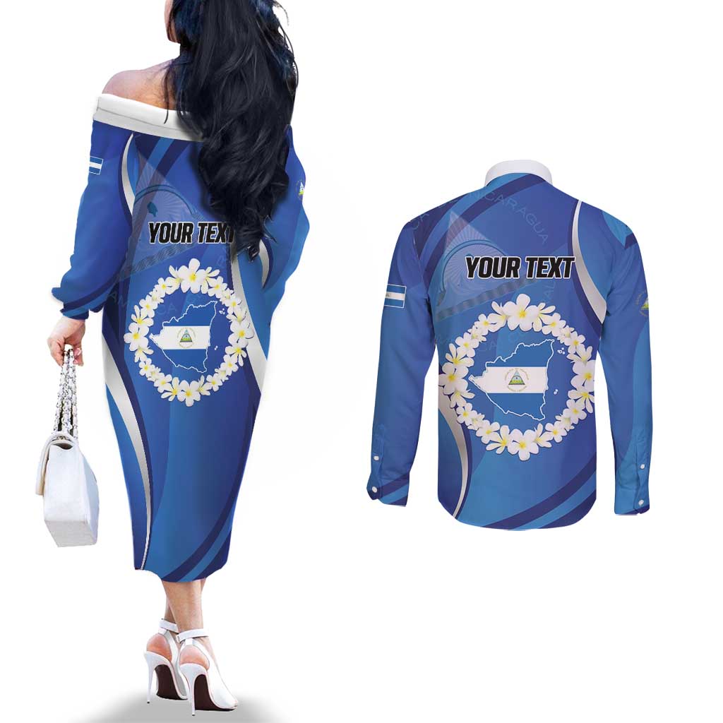 Personalized Nicaragua Independence Day 1821 Couples Matching Off The Shoulder Long Sleeve Dress and Long Sleeve Button Shirt Plumeria Floral - Wonder Print Shop