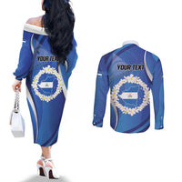 Personalized Nicaragua Independence Day 1821 Couples Matching Off The Shoulder Long Sleeve Dress and Long Sleeve Button Shirt Plumeria Floral - Wonder Print Shop