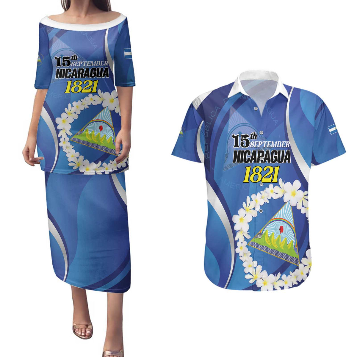 Personalized Nicaragua Independence Day 1821 Couples Matching Puletasi and Hawaiian Shirt Plumeria Floral - Wonder Print Shop