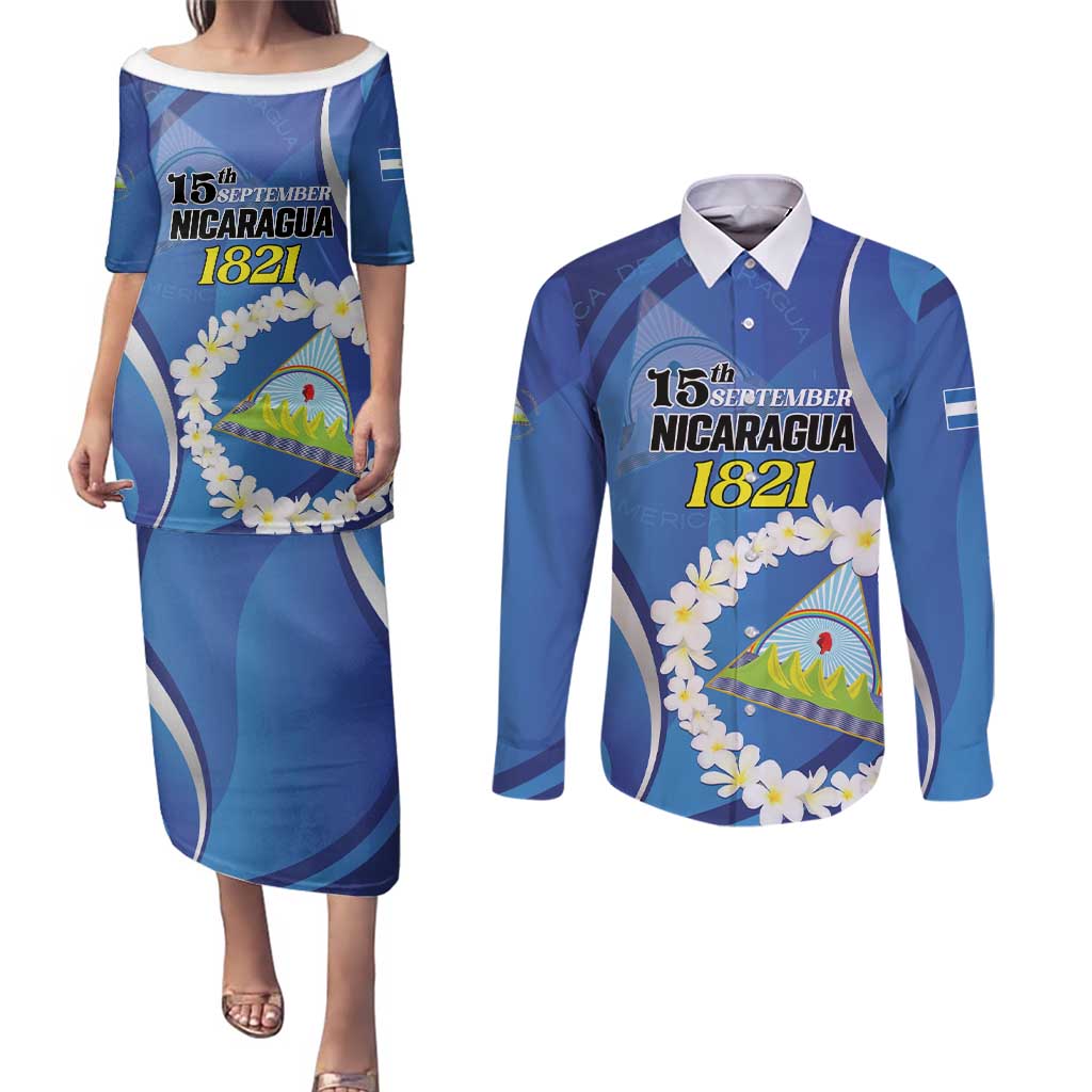Personalized Nicaragua Independence Day 1821 Couples Matching Puletasi and Long Sleeve Button Shirt Plumeria Floral - Wonder Print Shop