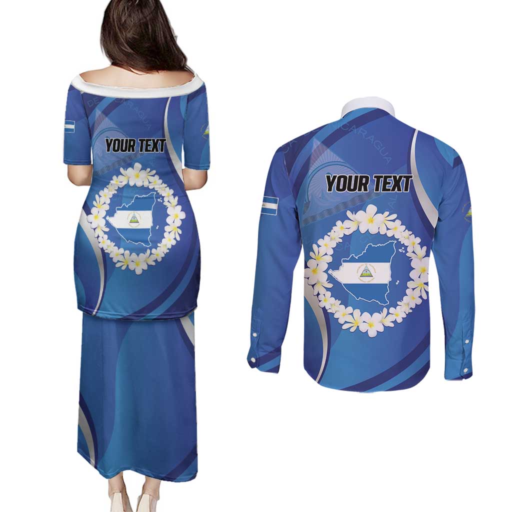 Personalized Nicaragua Independence Day 1821 Couples Matching Puletasi and Long Sleeve Button Shirt Plumeria Floral - Wonder Print Shop
