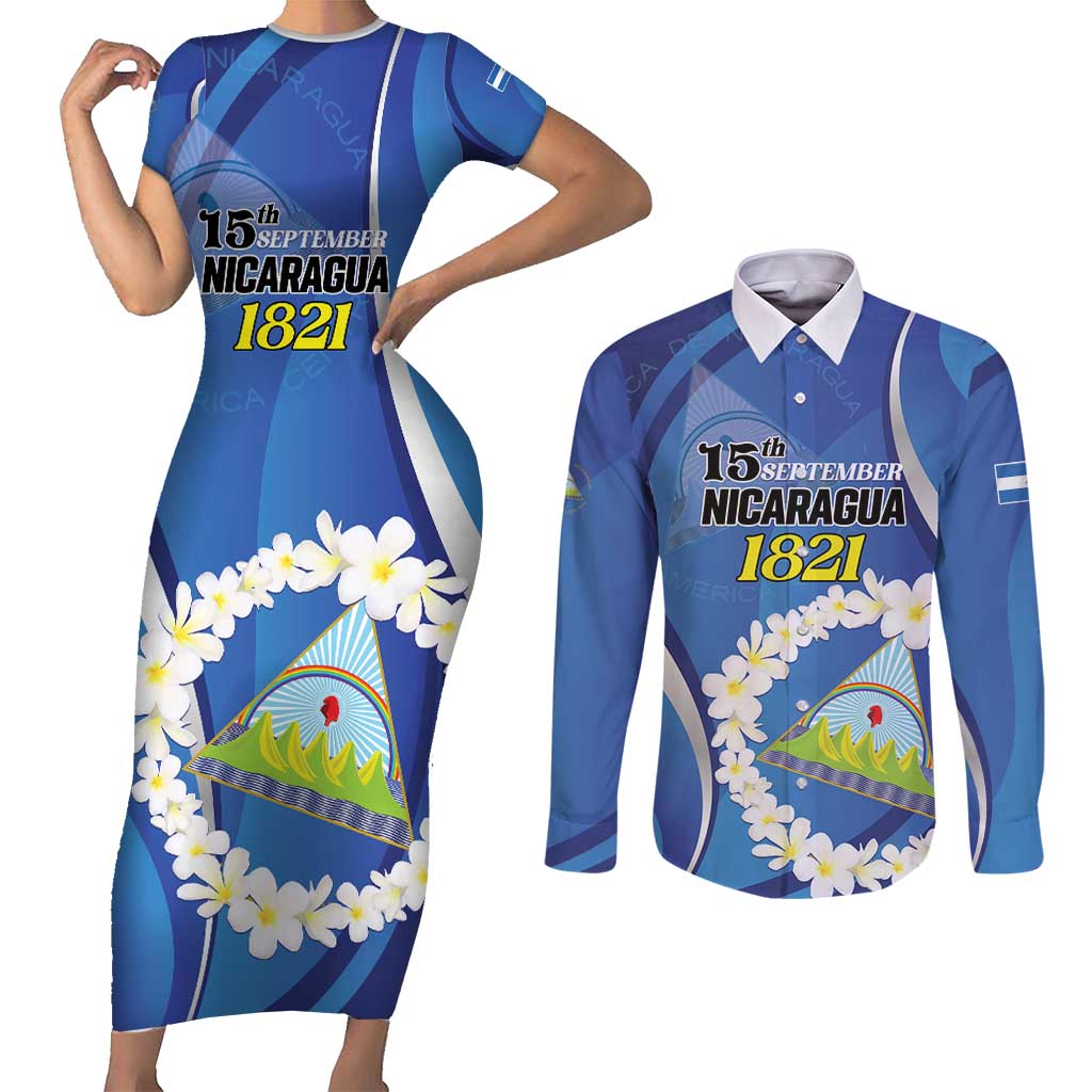 Personalized Nicaragua Independence Day 1821 Couples Matching Short Sleeve Bodycon Dress and Long Sleeve Button Shirt Plumeria Floral - Wonder Print Shop