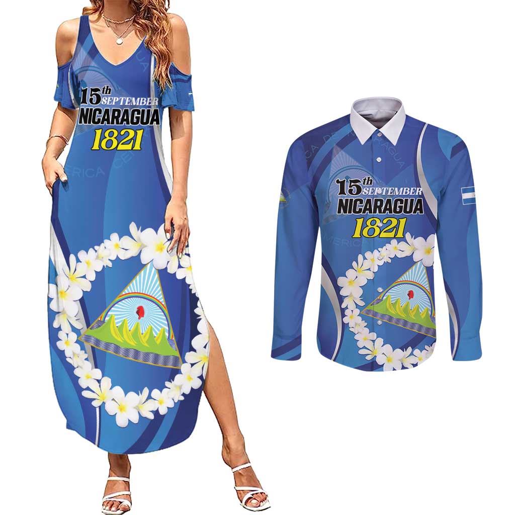 Personalized Nicaragua Independence Day 1821 Couples Matching Summer Maxi Dress and Long Sleeve Button Shirt Plumeria Floral - Wonder Print Shop