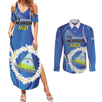 Personalized Nicaragua Independence Day 1821 Couples Matching Summer Maxi Dress and Long Sleeve Button Shirt Plumeria Floral - Wonder Print Shop