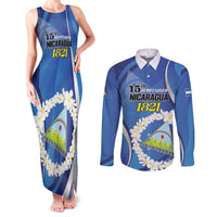 Personalized Nicaragua Independence Day 1821 Couples Matching Tank Maxi Dress and Long Sleeve Button Shirt Plumeria Floral - Wonder Print Shop