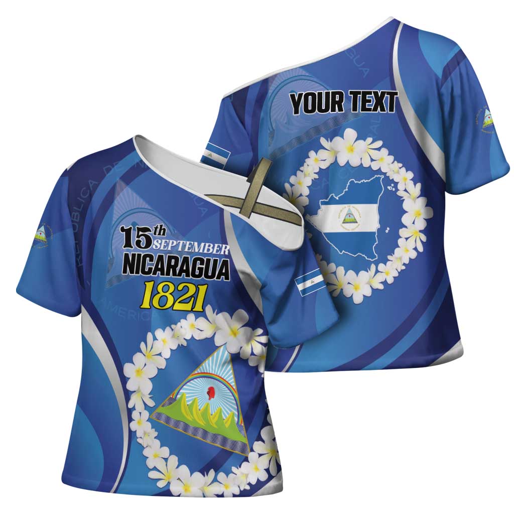 Personalized Nicaragua Independence Day 1821 Cross Shoulder Shirt Plumeria Floral - Wonder Print Shop
