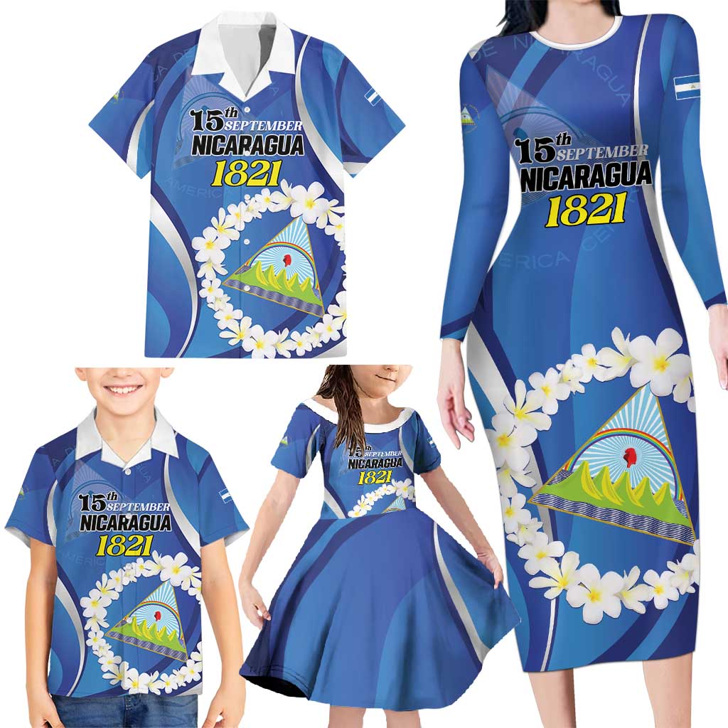 Personalized Nicaragua Independence Day 1821 Family Matching Long Sleeve Bodycon Dress and Hawaiian Shirt Plumeria Floral - Wonder Print Shop