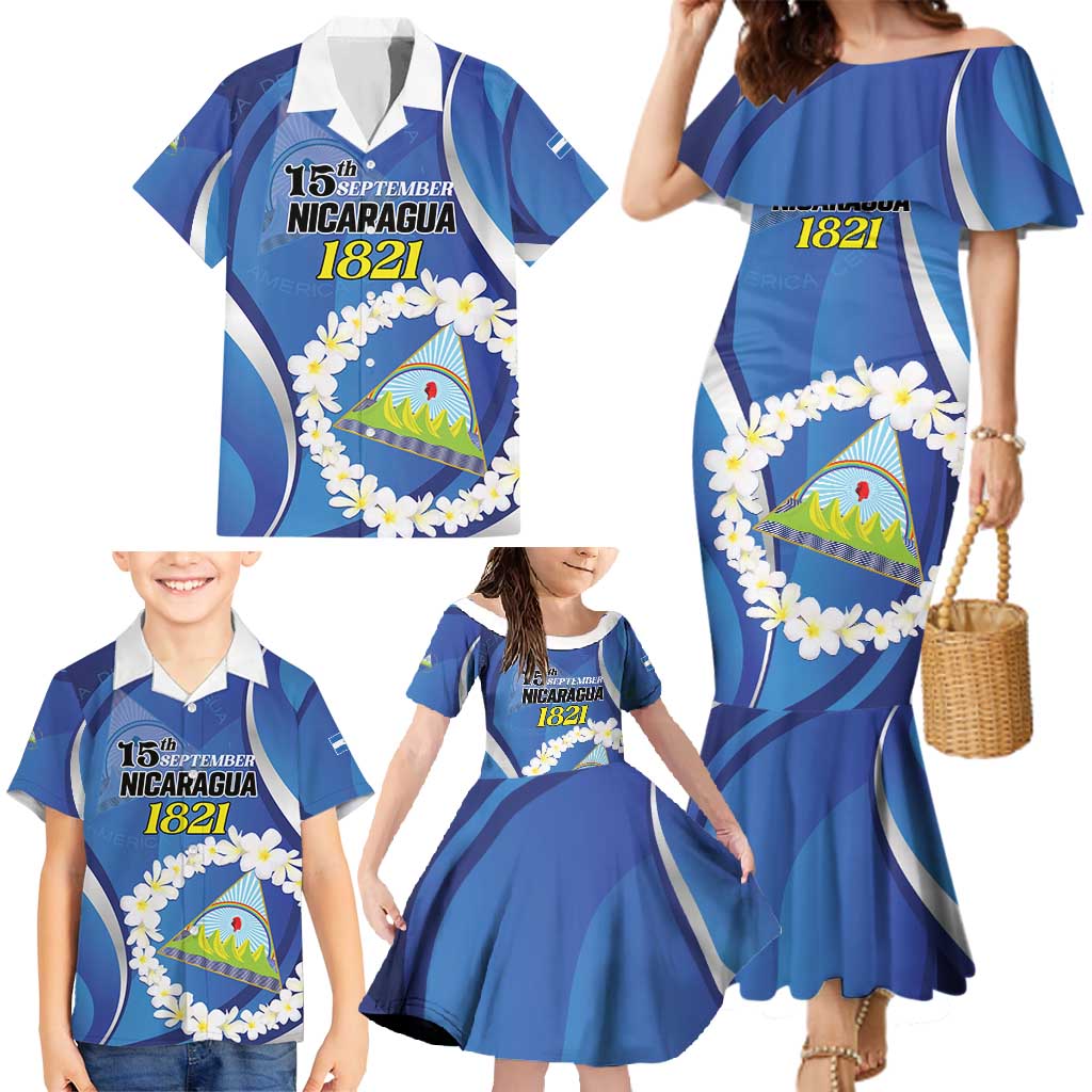 Personalized Nicaragua Independence Day 1821 Family Matching Mermaid Dress and Hawaiian Shirt Plumeria Floral - Wonder Print Shop