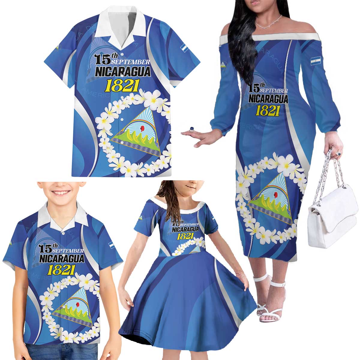 Personalized Nicaragua Independence Day 1821 Family Matching Off The Shoulder Long Sleeve Dress and Hawaiian Shirt Plumeria Floral - Wonder Print Shop