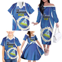 Personalized Nicaragua Independence Day 1821 Family Matching Off The Shoulder Long Sleeve Dress and Hawaiian Shirt Plumeria Floral - Wonder Print Shop