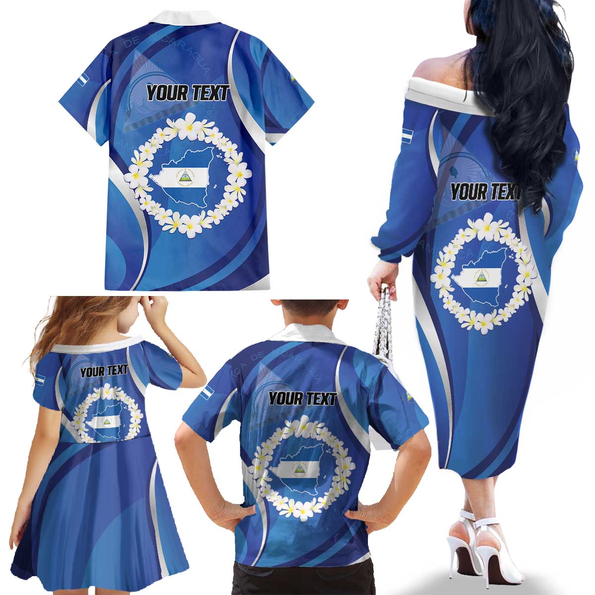 Personalized Nicaragua Independence Day 1821 Family Matching Off The Shoulder Long Sleeve Dress and Hawaiian Shirt Plumeria Floral - Wonder Print Shop