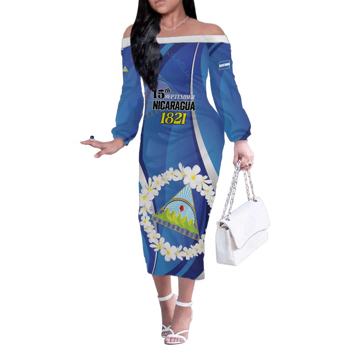 Personalized Nicaragua Independence Day 1821 Family Matching Off The Shoulder Long Sleeve Dress and Hawaiian Shirt Plumeria Floral - Wonder Print Shop