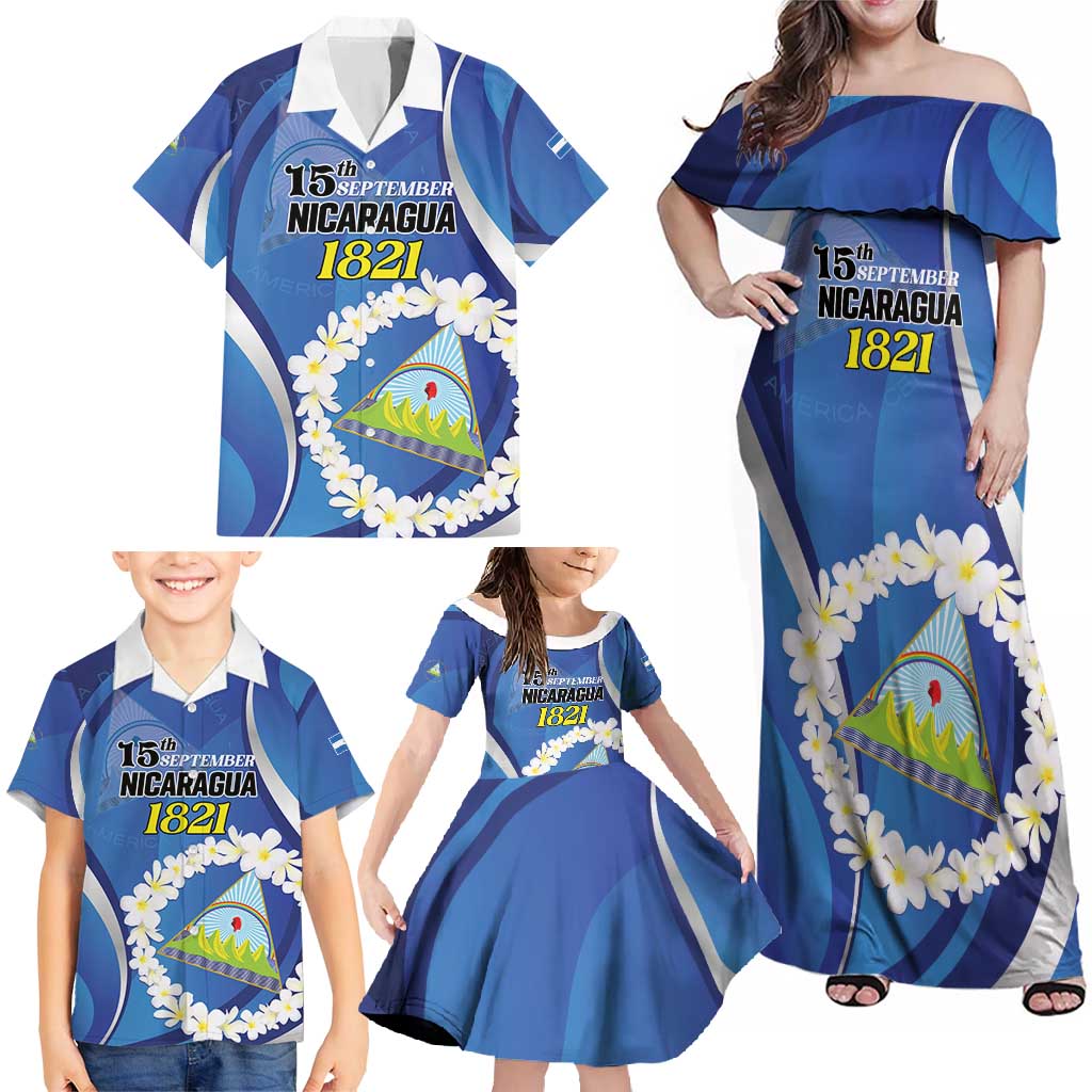 Personalized Nicaragua Independence Day 1821 Family Matching Off Shoulder Maxi Dress and Hawaiian Shirt Plumeria Floral - Wonder Print Shop