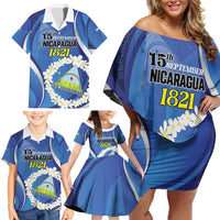 Personalized Nicaragua Independence Day 1821 Family Matching Off Shoulder Short Dress and Hawaiian Shirt Plumeria Floral - Wonder Print Shop