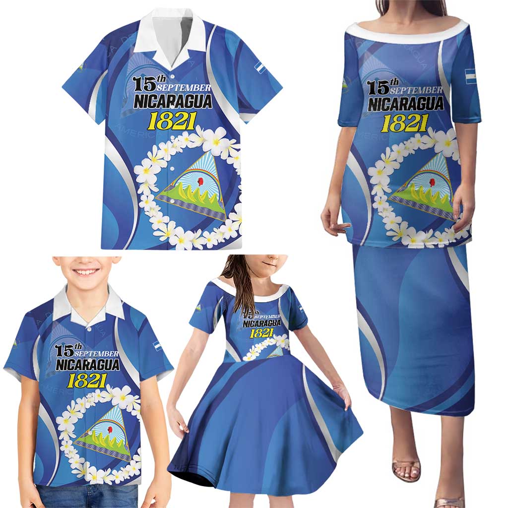 Personalized Nicaragua Independence Day 1821 Family Matching Puletasi and Hawaiian Shirt Plumeria Floral - Wonder Print Shop