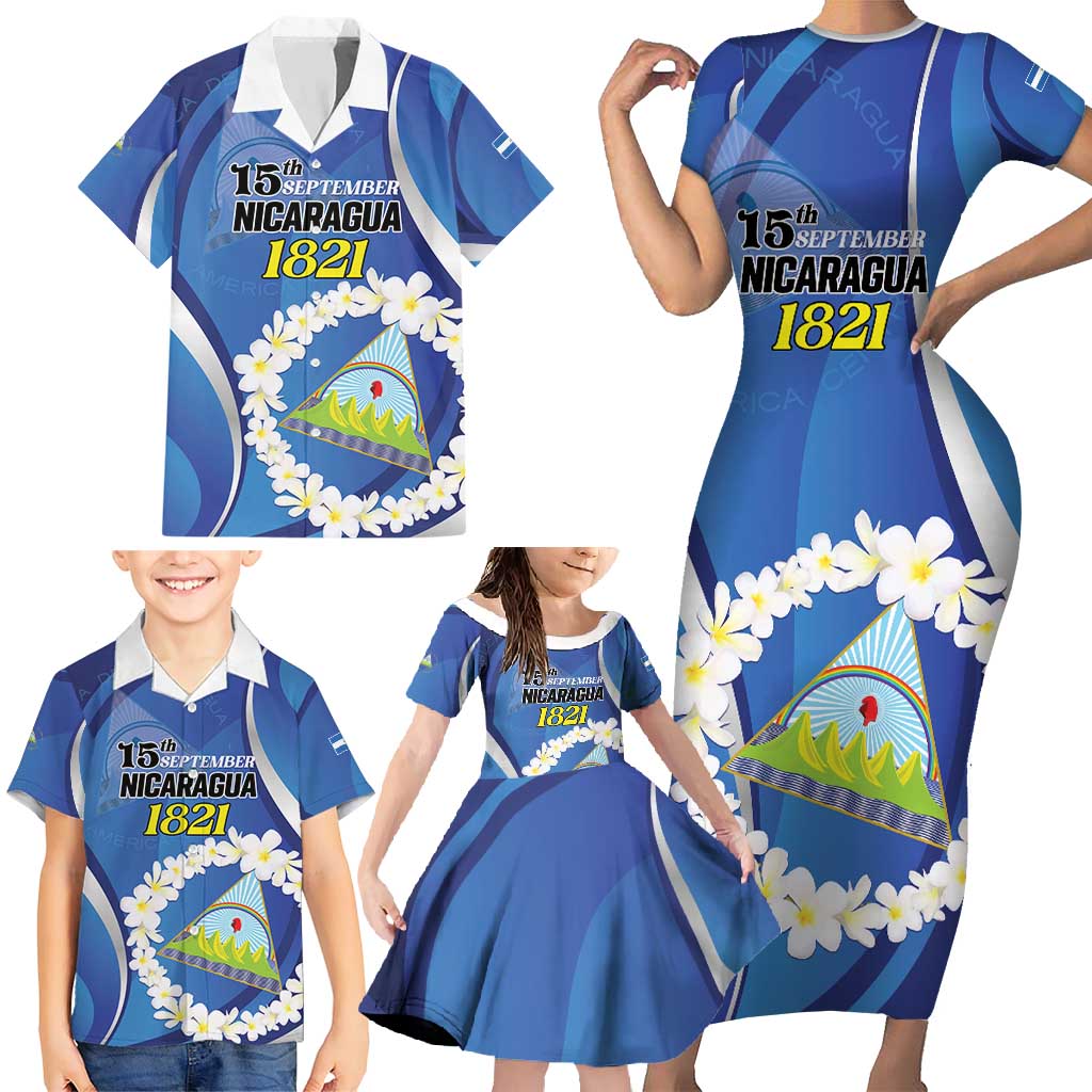 Personalized Nicaragua Independence Day 1821 Family Matching Short Sleeve Bodycon Dress and Hawaiian Shirt Plumeria Floral - Wonder Print Shop
