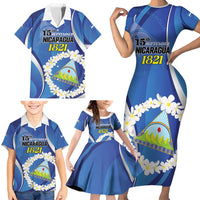 Personalized Nicaragua Independence Day 1821 Family Matching Short Sleeve Bodycon Dress and Hawaiian Shirt Plumeria Floral - Wonder Print Shop