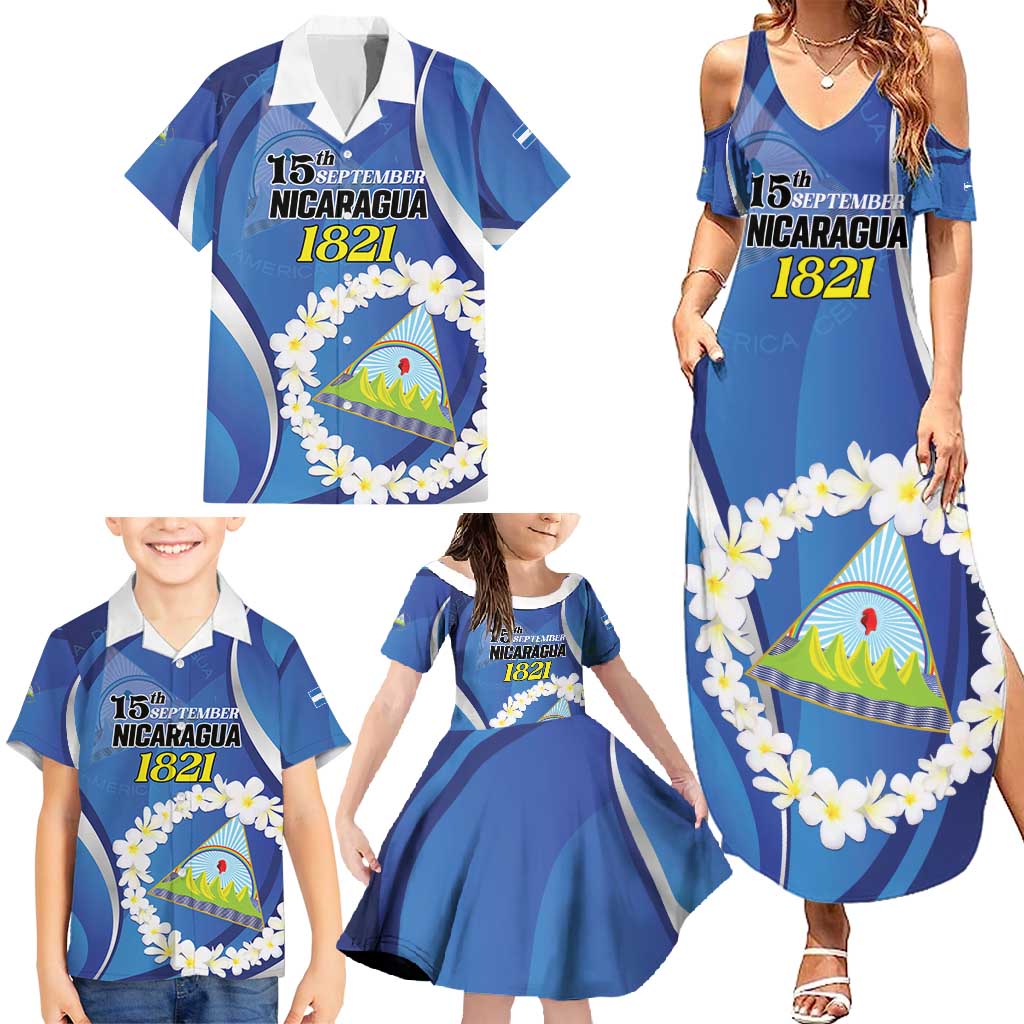 Personalized Nicaragua Independence Day 1821 Family Matching Summer Maxi Dress and Hawaiian Shirt Plumeria Floral - Wonder Print Shop