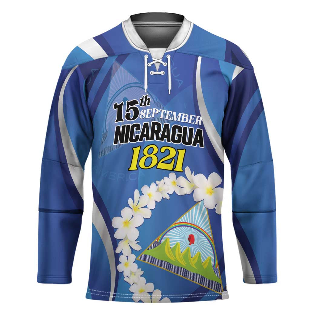 Personalized Nicaragua Independence Day 1821 Hockey Jersey Plumeria Floral - Wonder Print Shop