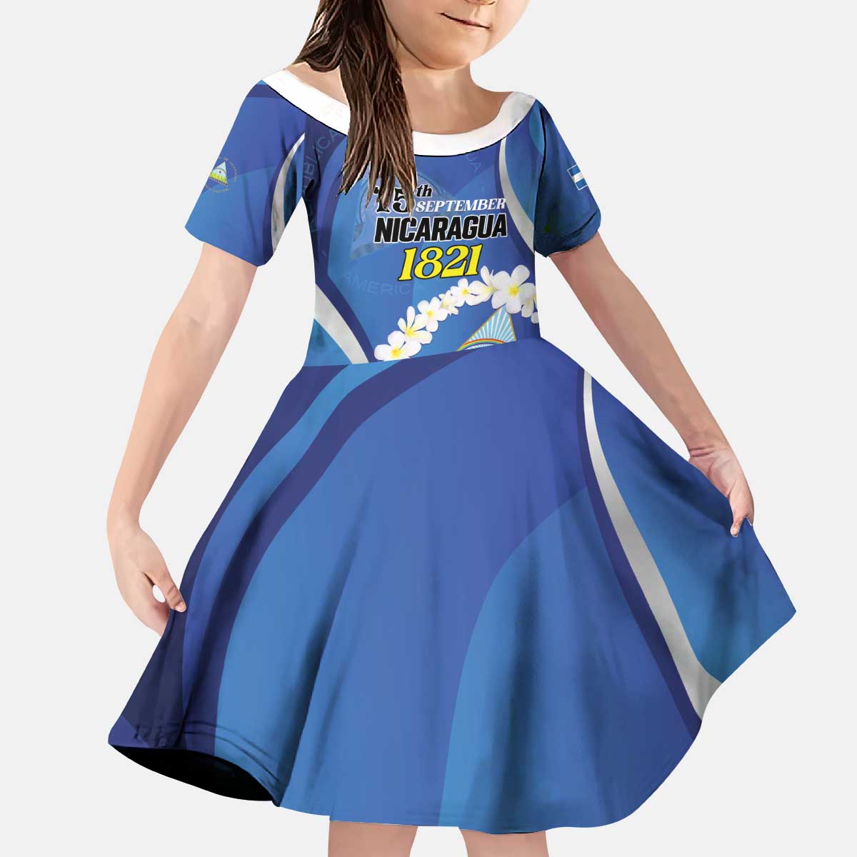 Personalized Nicaragua Independence Day 1821 Kid Short Sleeve Dress Plumeria Floral - Wonder Print Shop