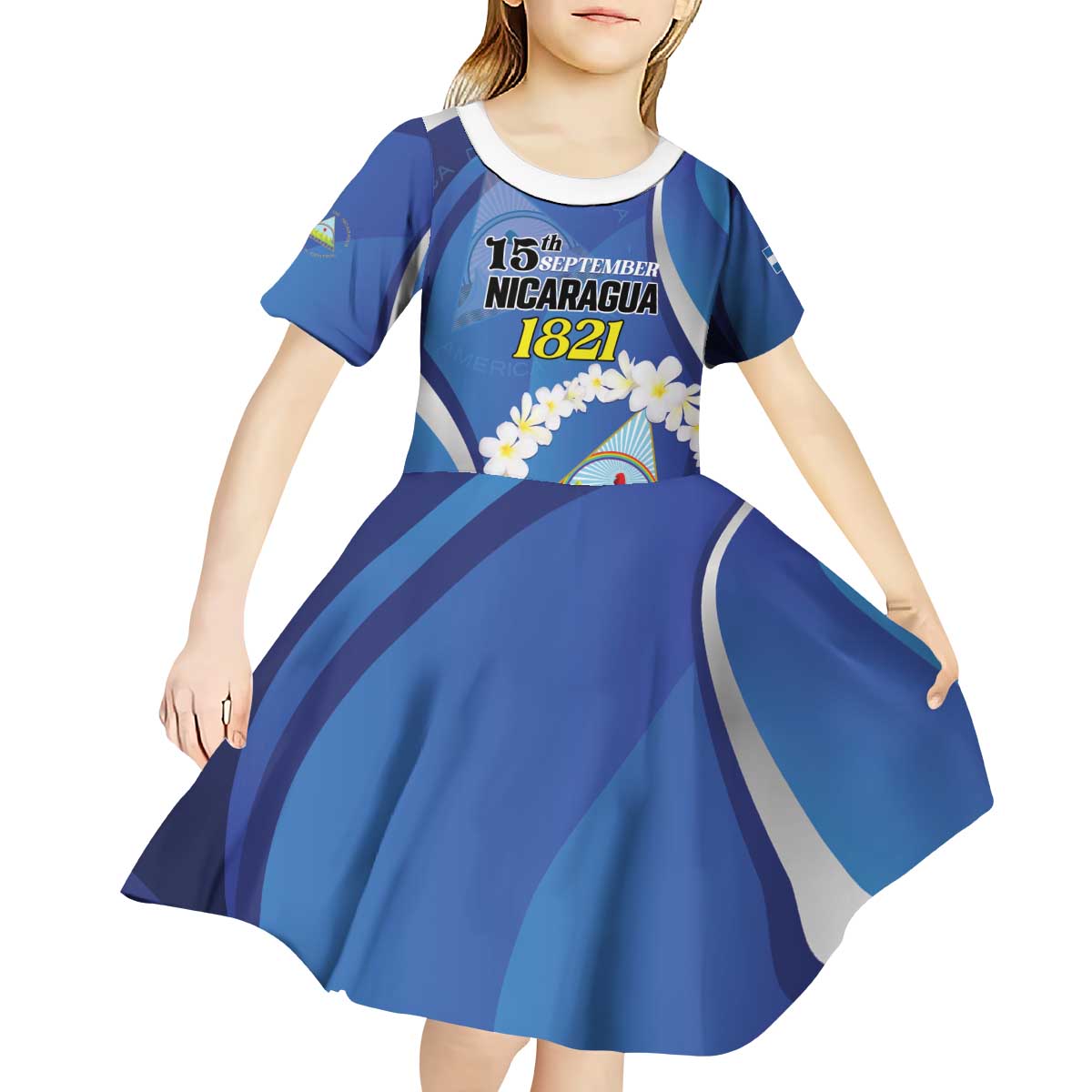 Personalized Nicaragua Independence Day 1821 Kid Short Sleeve Dress Plumeria Floral - Wonder Print Shop