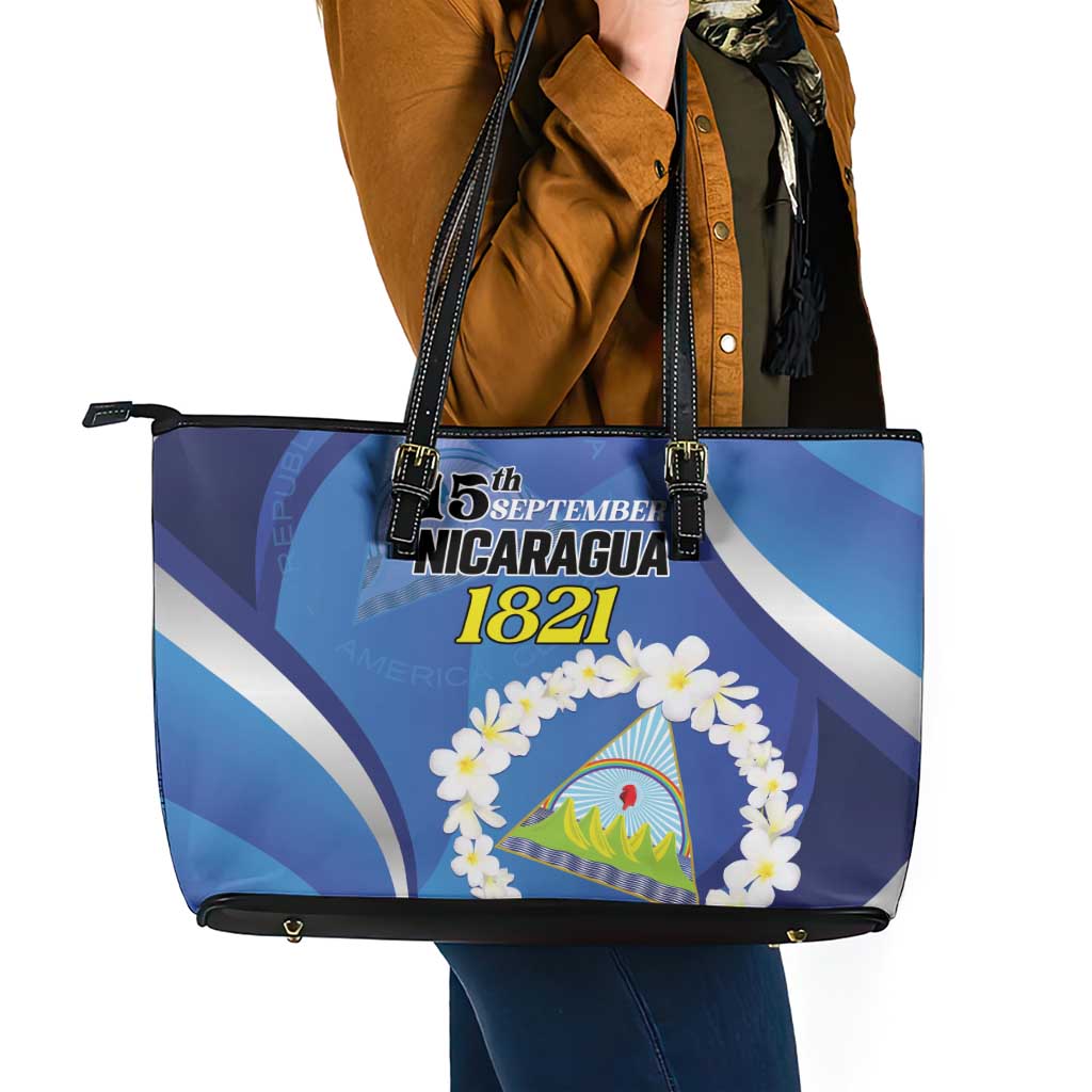 Nicaragua Independence Day 1821 Leather Tote Bag Plumeria Floral - Wonder Print Shop