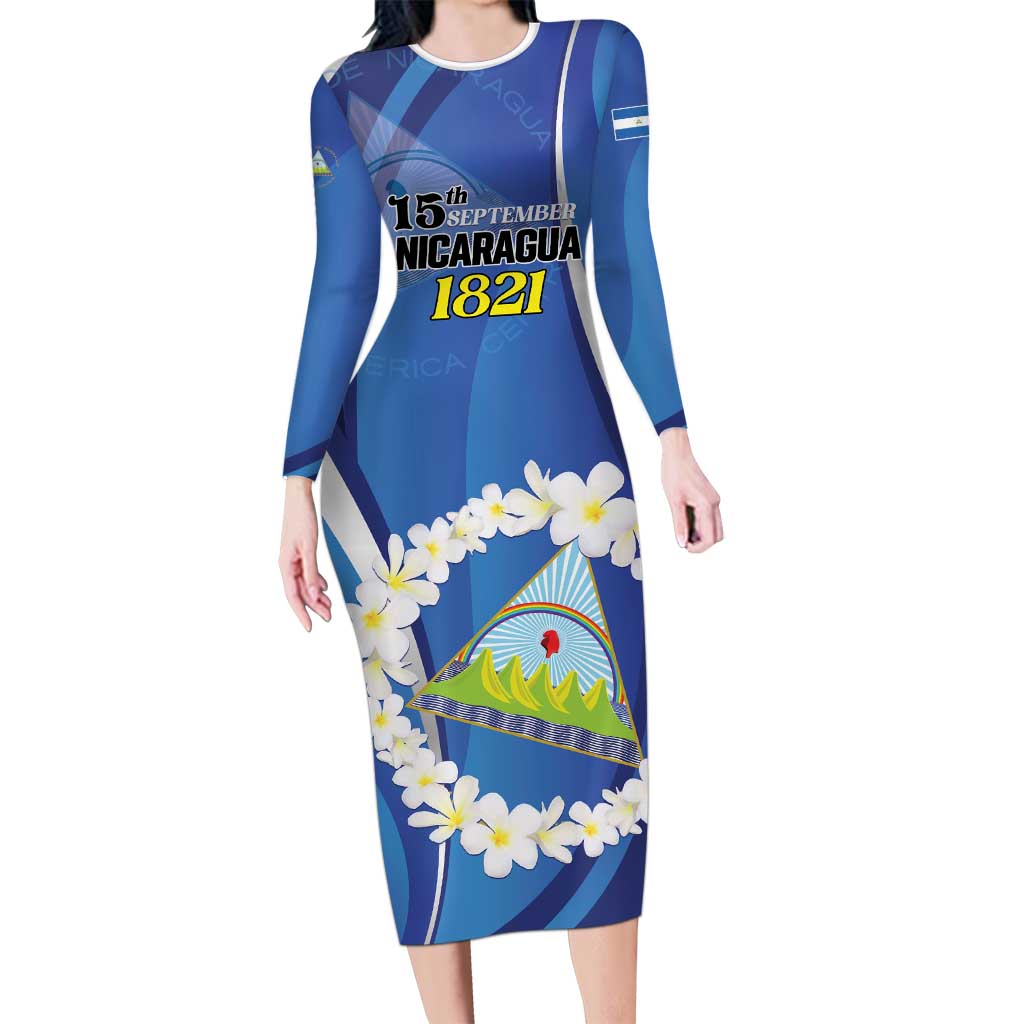 Personalized Nicaragua Independence Day 1821 Long Sleeve Bodycon Dress Plumeria Floral - Wonder Print Shop