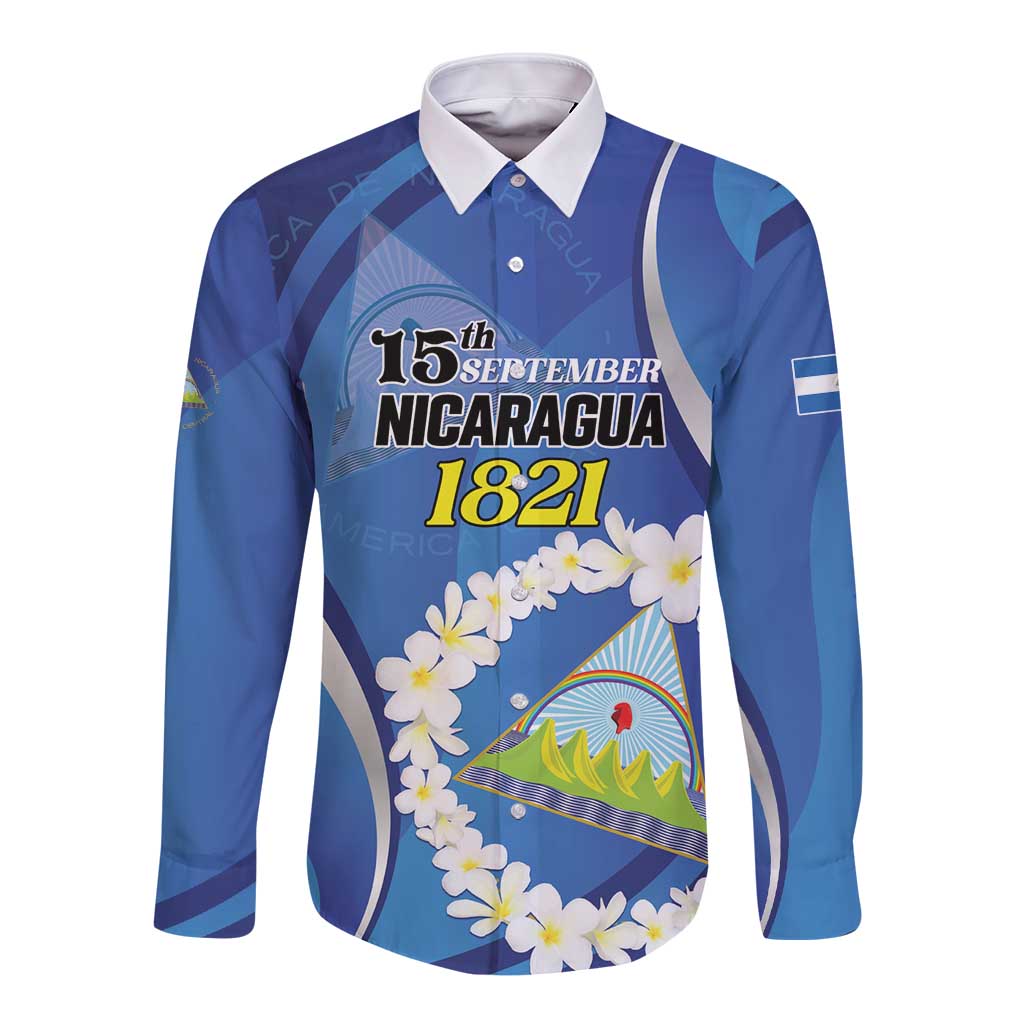 Personalized Nicaragua Independence Day 1821 Long Sleeve Button Shirt Plumeria Floral - Wonder Print Shop
