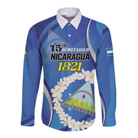 Personalized Nicaragua Independence Day 1821 Long Sleeve Button Shirt Plumeria Floral - Wonder Print Shop
