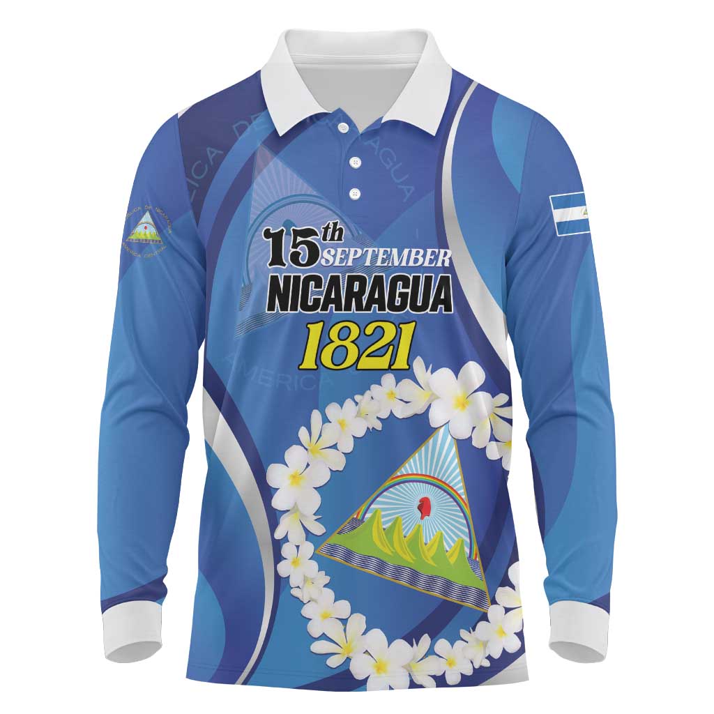 Personalized Nicaragua Independence Day 1821 Long Sleeve Polo Shirt Plumeria Floral - Wonder Print Shop