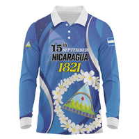 Personalized Nicaragua Independence Day 1821 Long Sleeve Polo Shirt Plumeria Floral - Wonder Print Shop