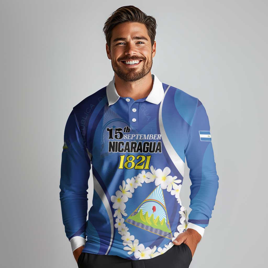 Personalized Nicaragua Independence Day 1821 Long Sleeve Polo Shirt Plumeria Floral - Wonder Print Shop