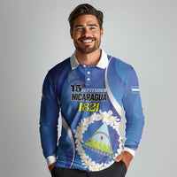 Personalized Nicaragua Independence Day 1821 Long Sleeve Polo Shirt Plumeria Floral - Wonder Print Shop