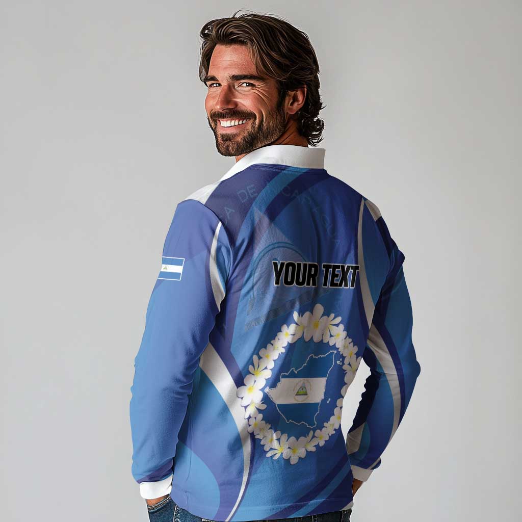 Personalized Nicaragua Independence Day 1821 Long Sleeve Polo Shirt Plumeria Floral - Wonder Print Shop
