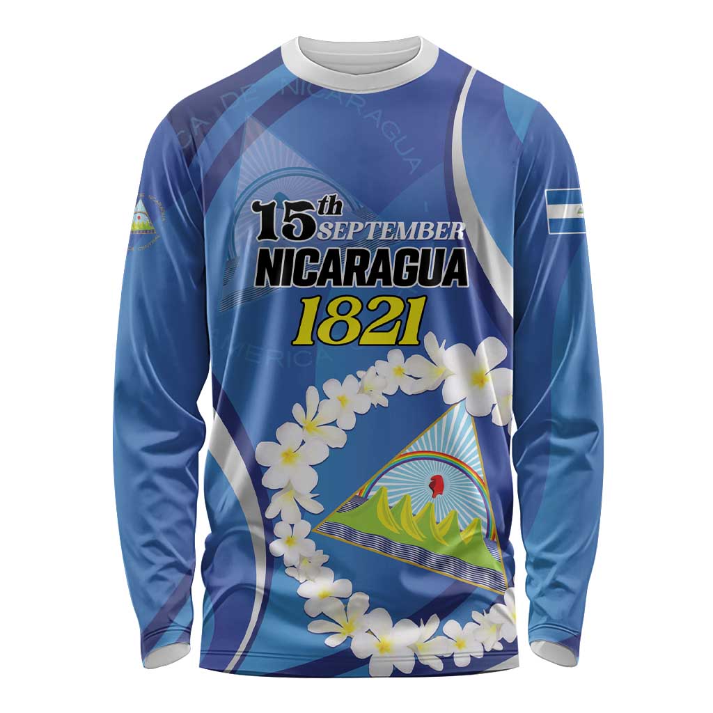 Personalized Nicaragua Independence Day 1821 Long Sleeve Shirt Plumeria Floral - Wonder Print Shop