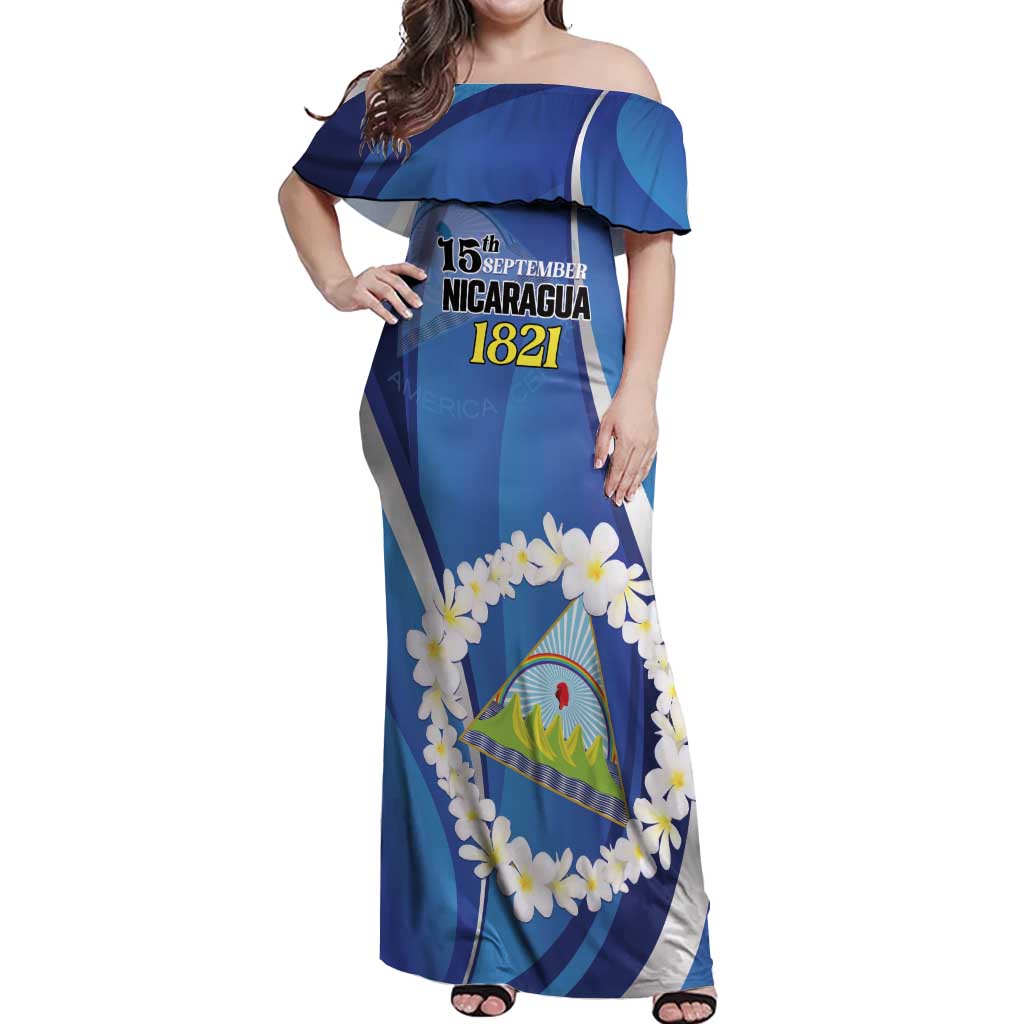 Personalized Nicaragua Independence Day 1821 Off Shoulder Maxi Dress Plumeria Floral - Wonder Print Shop
