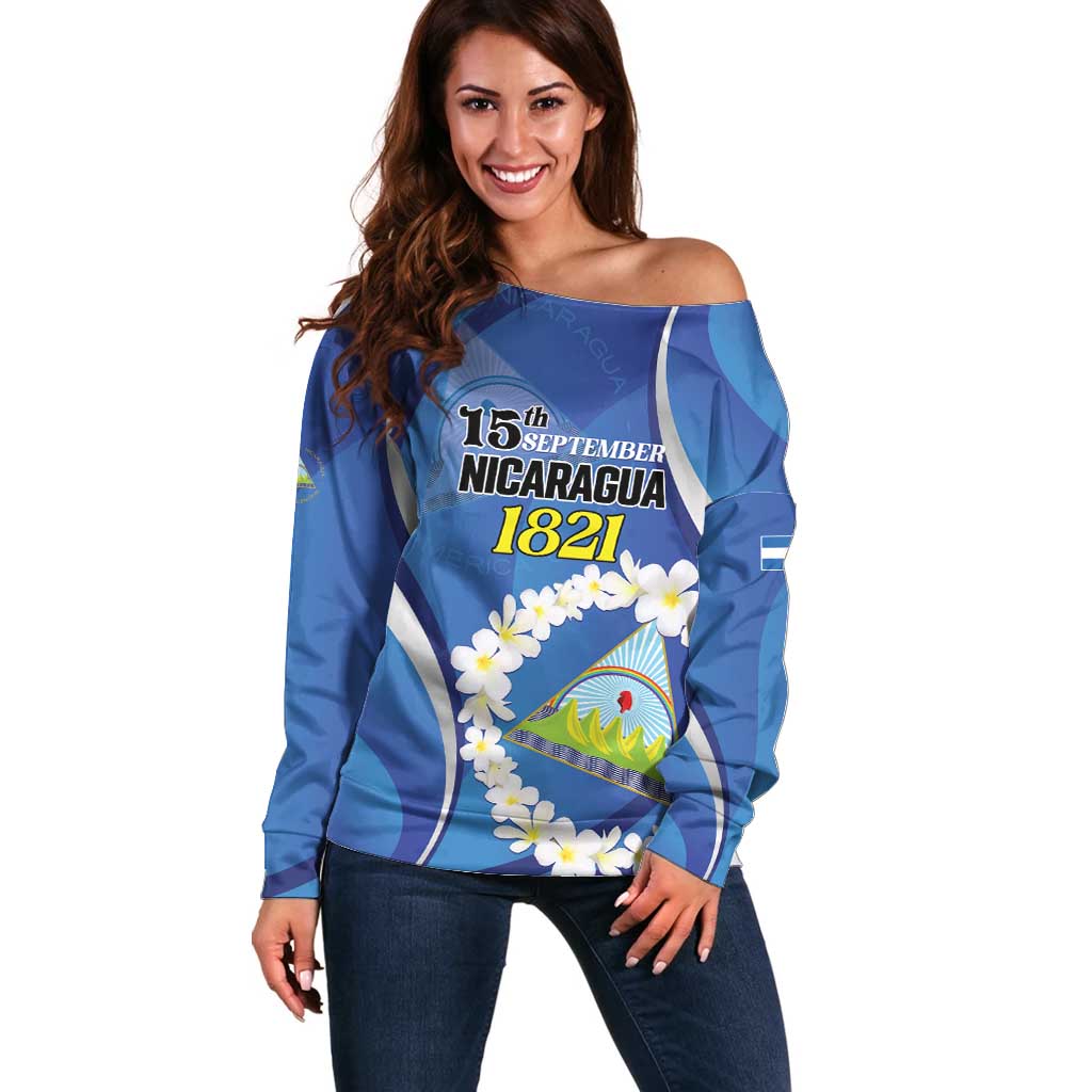 Personalized Nicaragua Independence Day 1821 Off Shoulder Sweater Plumeria Floral - Wonder Print Shop